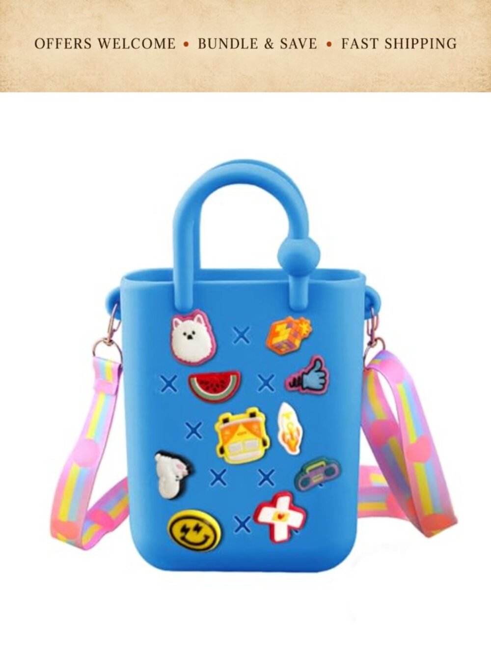 Mini Rubber Tote Bag 10 Charms EVA Waterproof Beach Tote Adjustable Strap